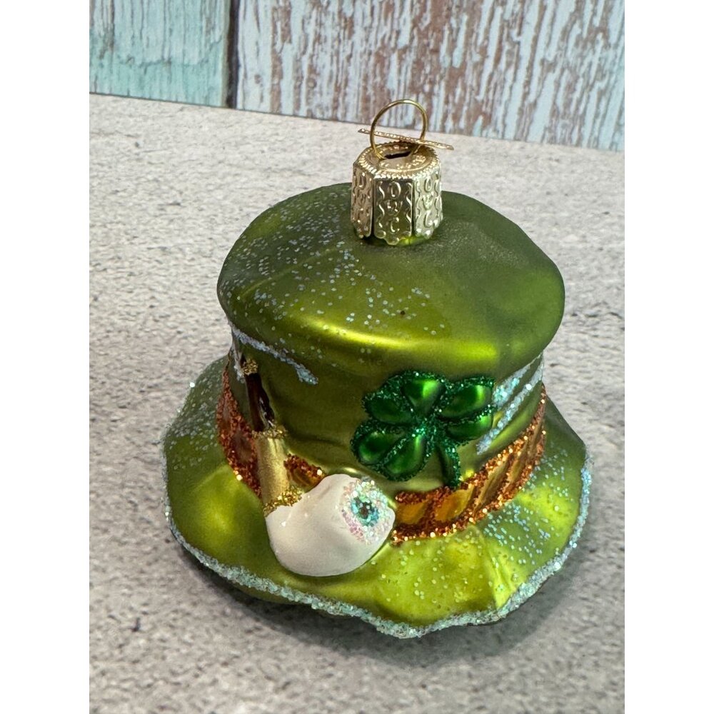 Green Leprechaun Shamrocks Hat Glass Christmas Ornament Old World Christmas - Picture 6 of 8